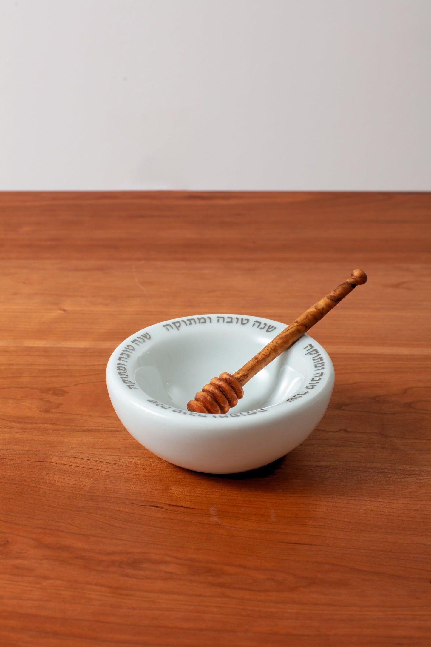 Honey Pot made for Rosh Hashanah or daily use with handmade olive wood honey dipper