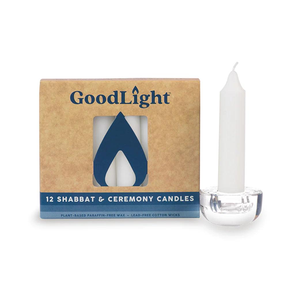 Plant based parafin-free wax Shabbat and Ceremony candles with lead-free wicks by GoodLight. Includes 12 candles fit to be paired with Green Judaica Candlesticks